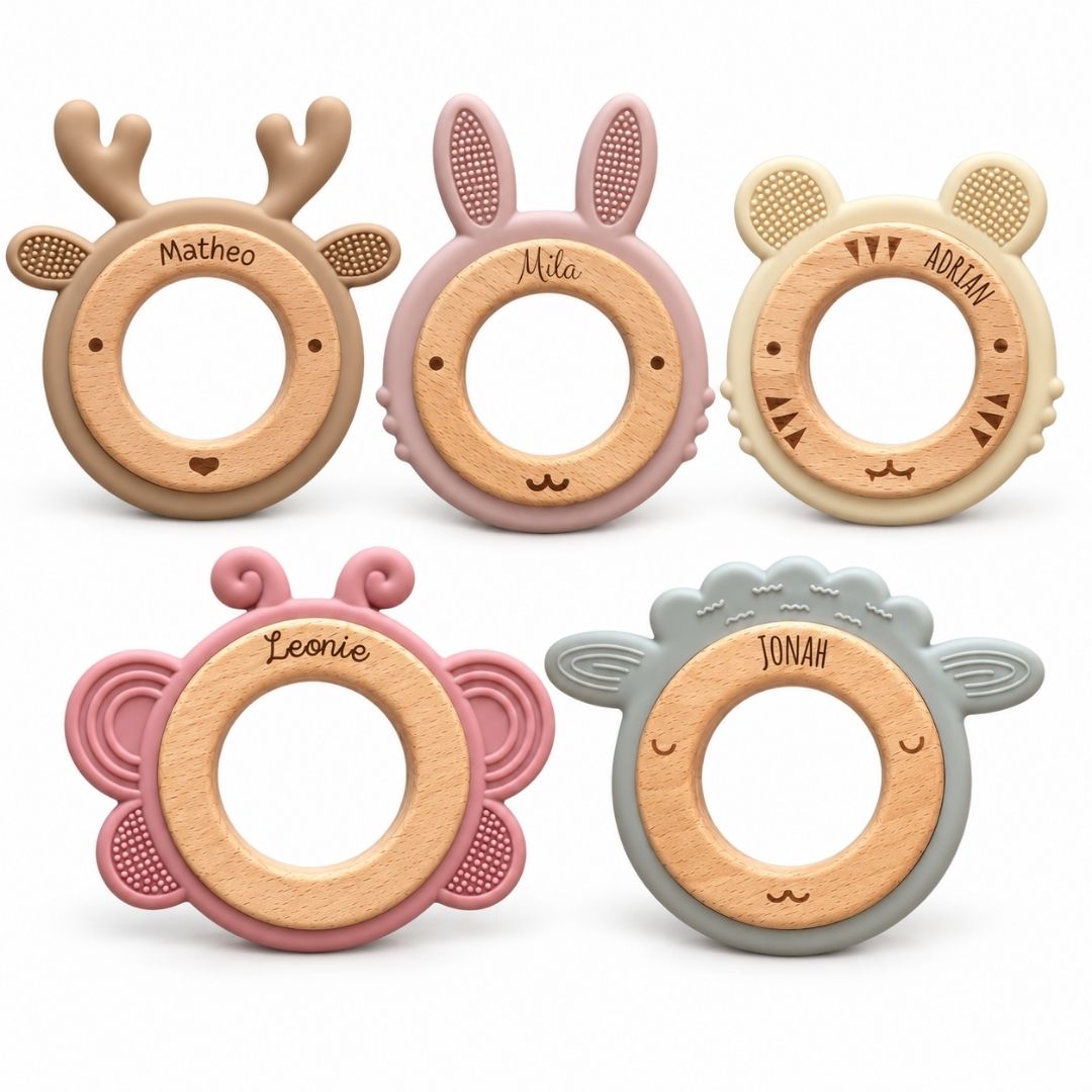 Beißring aus Holz & Silikon personalisiert - Tier - wunderwunsch