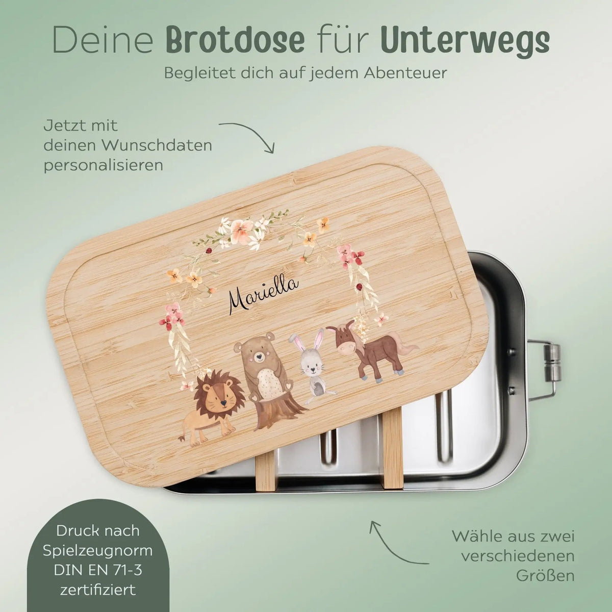 Brotdose Edelstahl personalisiert - Blumenkranz Tiere Aquarell - wunderwunsch