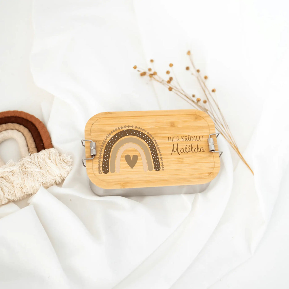 Brotdose Edelstahl personalisiert - Regenbogen Boho beige Aquarell - wunderwunsch