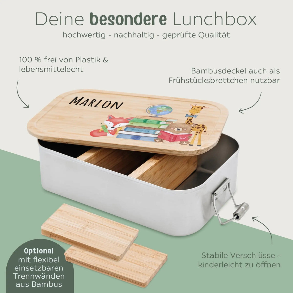 Brotdose Edelstahl personalisiert - Schulanfang Tiere Aquarell - wunderwunsch