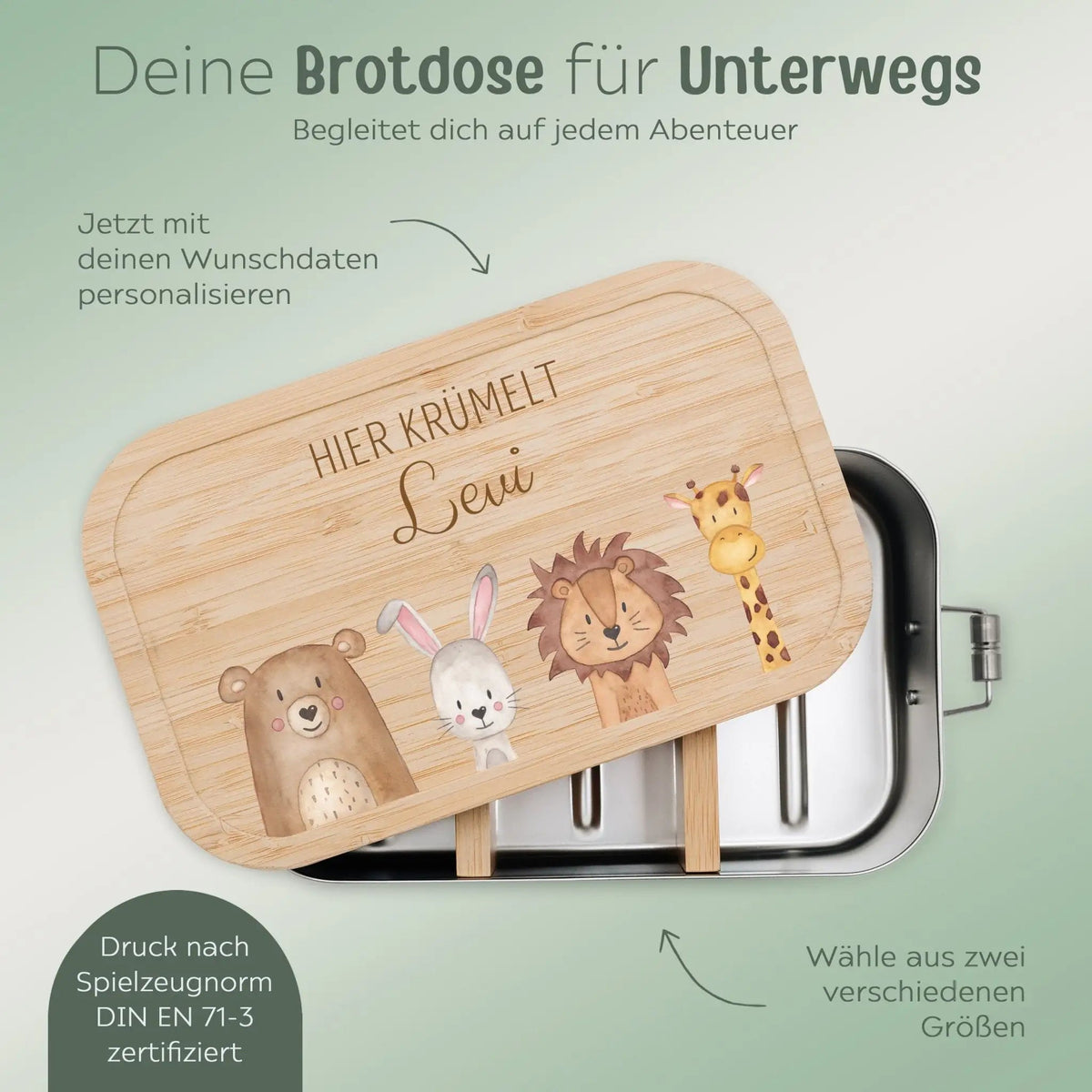 Brotdose Edelstahl personalisiert - Tiere unten Aquarell - wunderwunsch