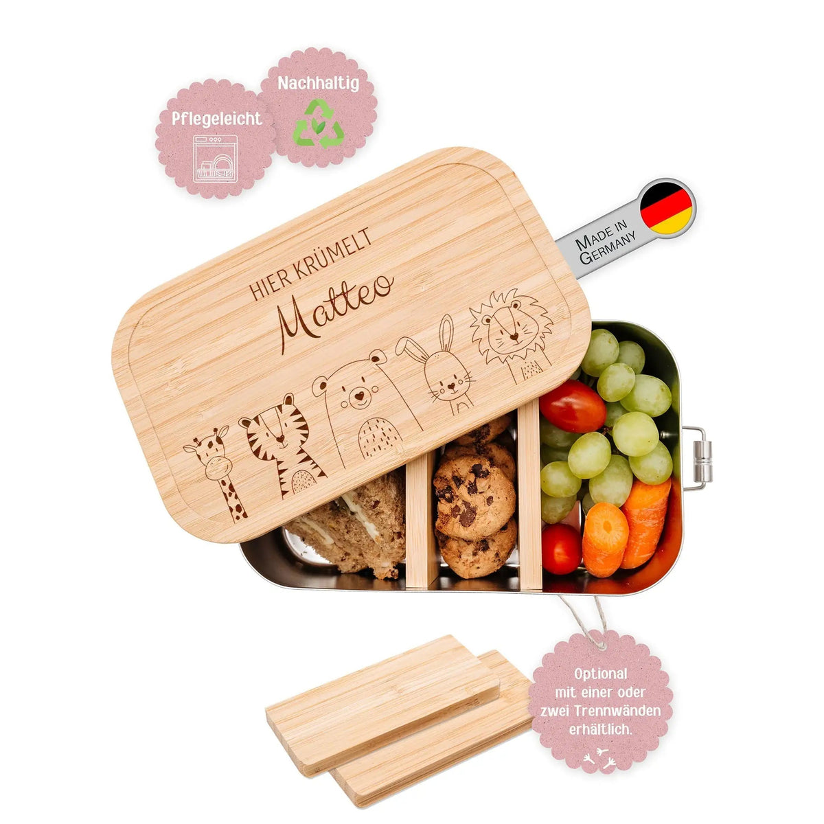 Brotdose Edelstahl personalisiert - Tiere unten Gravur - wunderwunsch