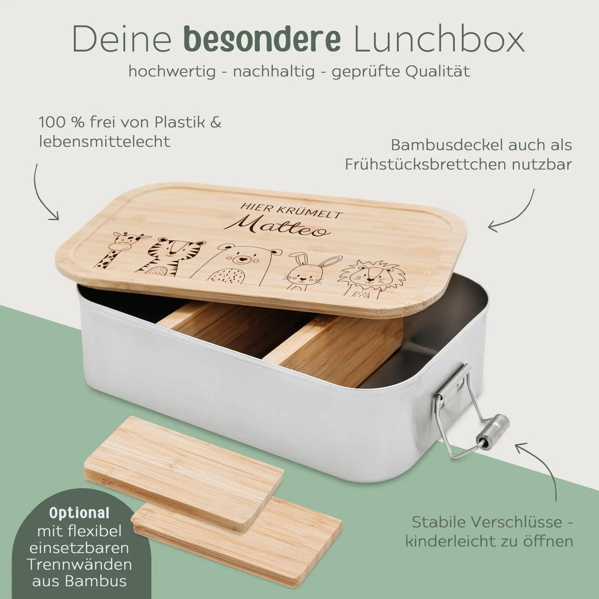 Brotdose Edelstahl personalisiert - Tiere unten Gravur - wunderwunsch