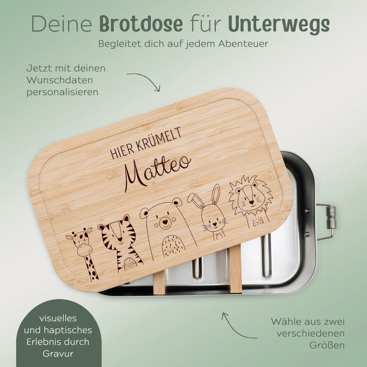 Brotdose Edelstahl personalisiert - Tiere unten Gravur - wunderwunsch