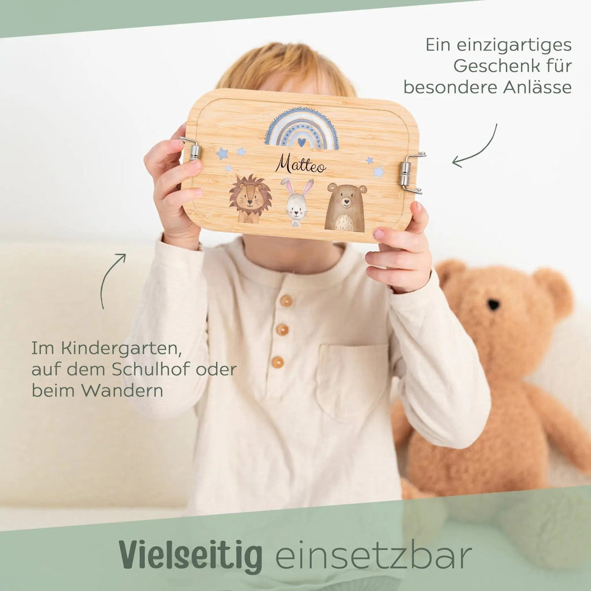 Brotdose Edelstahl personalisiert - Tiere unten Regenbogen Sterne Aquarell - wunderwunsch