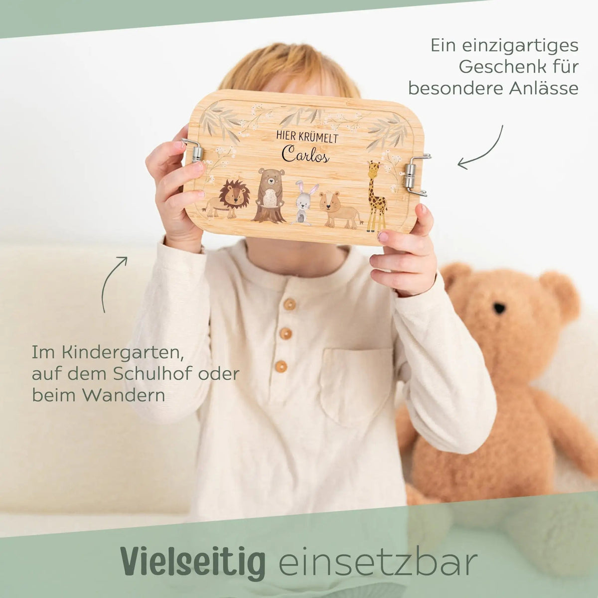 Brotdose Edelstahl personalisiert - Tiere Zweige beige Aquarell - wunderwunsch
