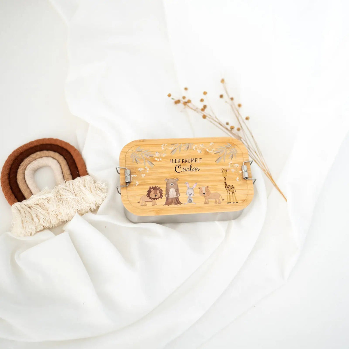 Brotdose Edelstahl personalisiert - Tiere Zweige beige Aquarell - wunderwunsch