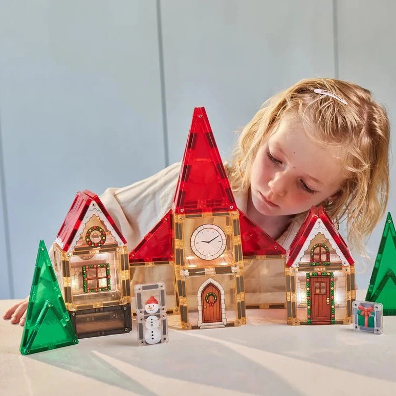 CLEVERCLIXX Adventskalender Weihnachtsdorf Magnetbausteine mit Licht, 46 Teile - wunderwunsch