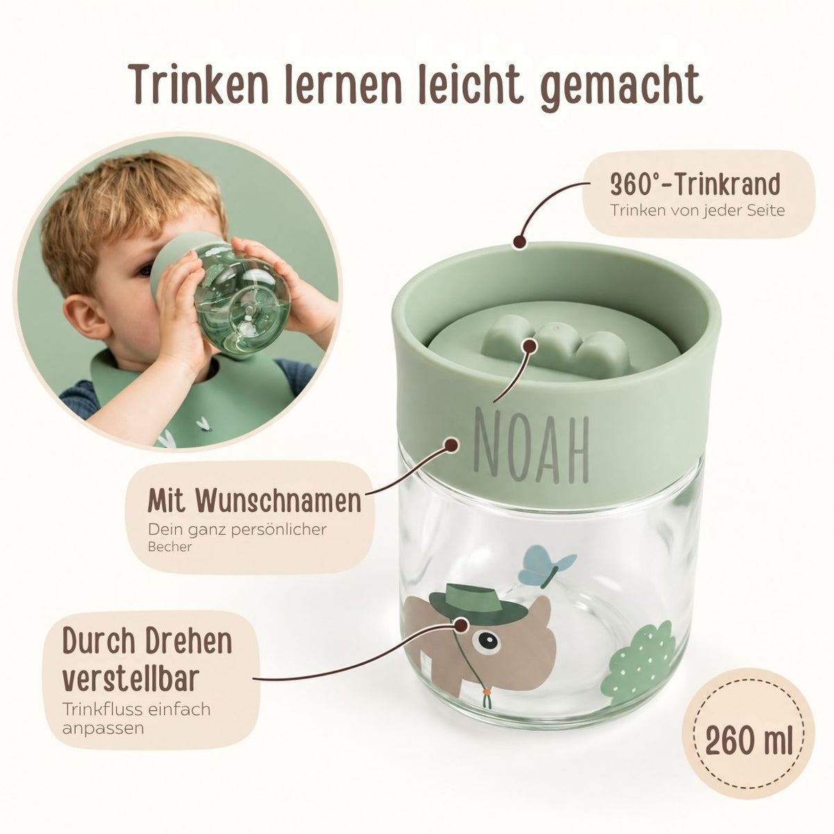DONEBYDEER Geschirrset mit Lerntasse 360° personalisiert - Foodie - Tiny Trails grün - wunderwunsch