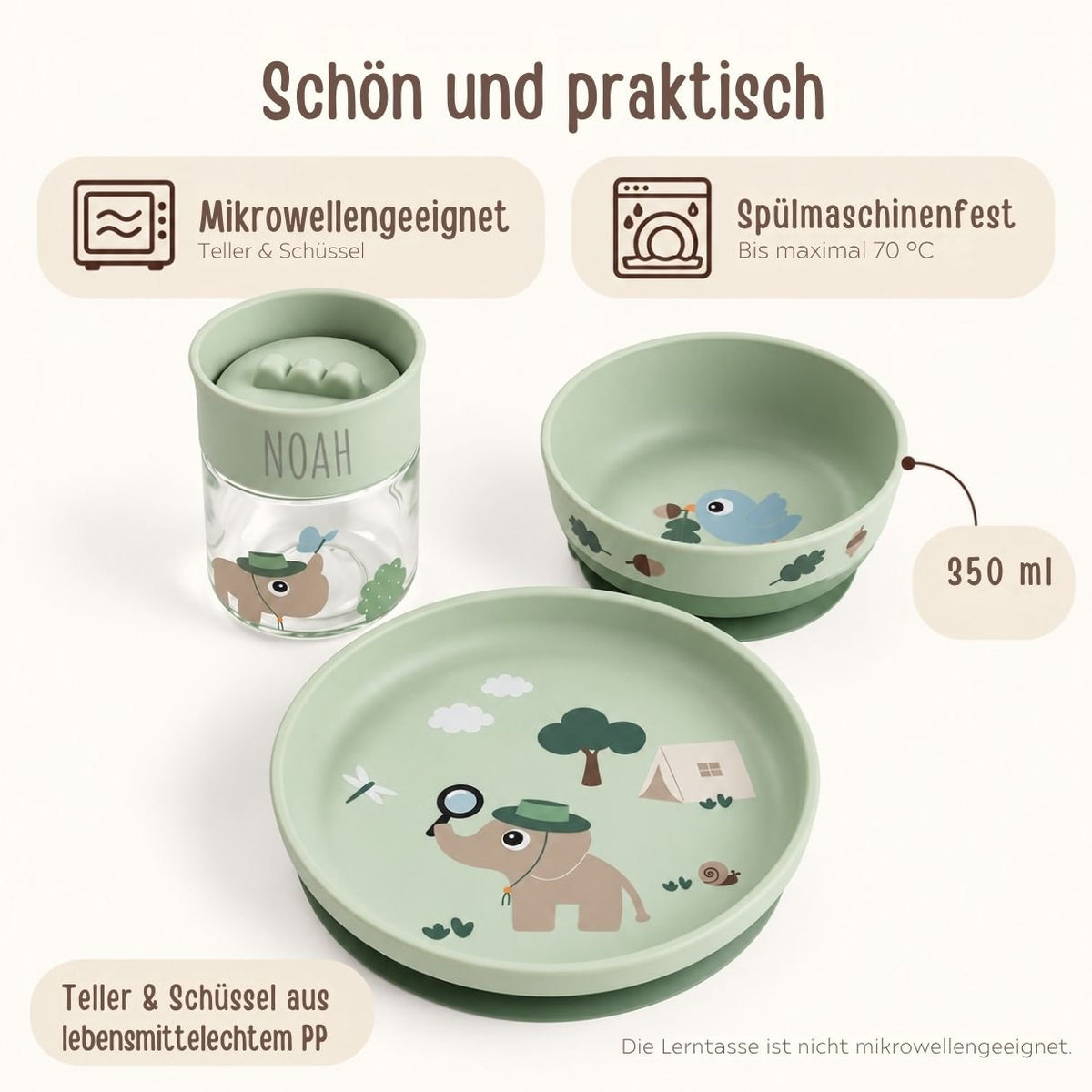 DONEBYDEER Geschirrset mit Lerntasse 360° personalisiert - Foodie - Tiny Trails grün - wunderwunsch