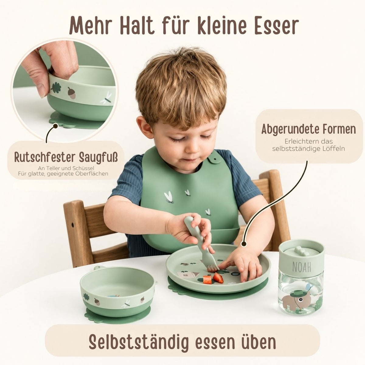 DONEBYDEER Geschirrset mit Lerntasse 360° personalisiert - Foodie - Tiny Trails grün - wunderwunsch