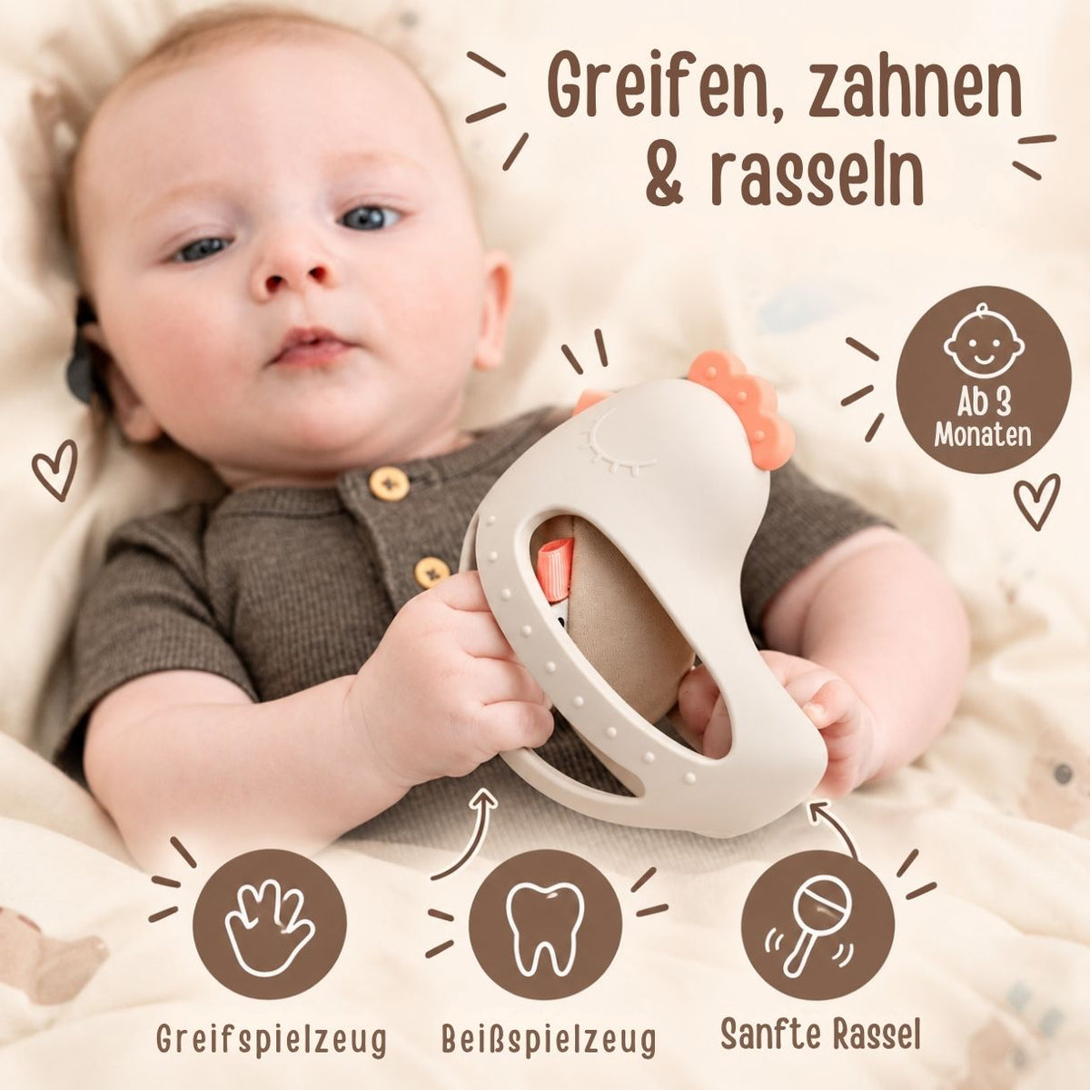 DONEBYDEER Greif- und Beißspielzeug mit Rassel - Clucky - wunderwunsch