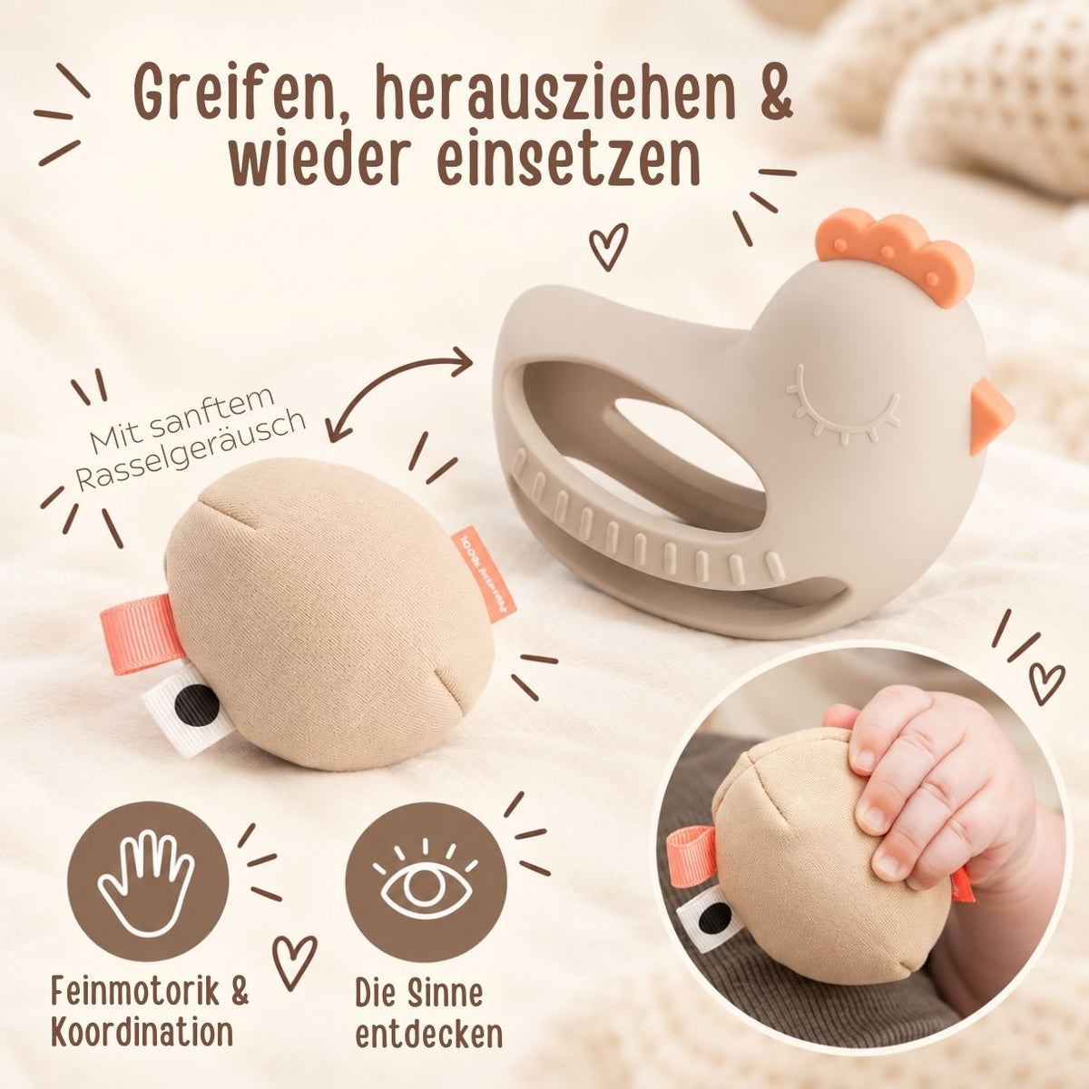 DONEBYDEER Greif- und Beißspielzeug mit Rassel - Clucky - wunderwunsch