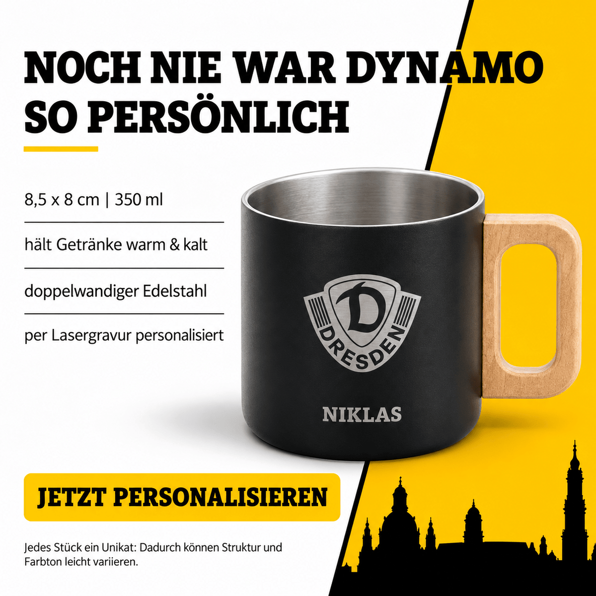 DYNAMO DRESDEN Kaffeetasse Edelstahl schwarz Wappen personalisiert - wunderwunsch