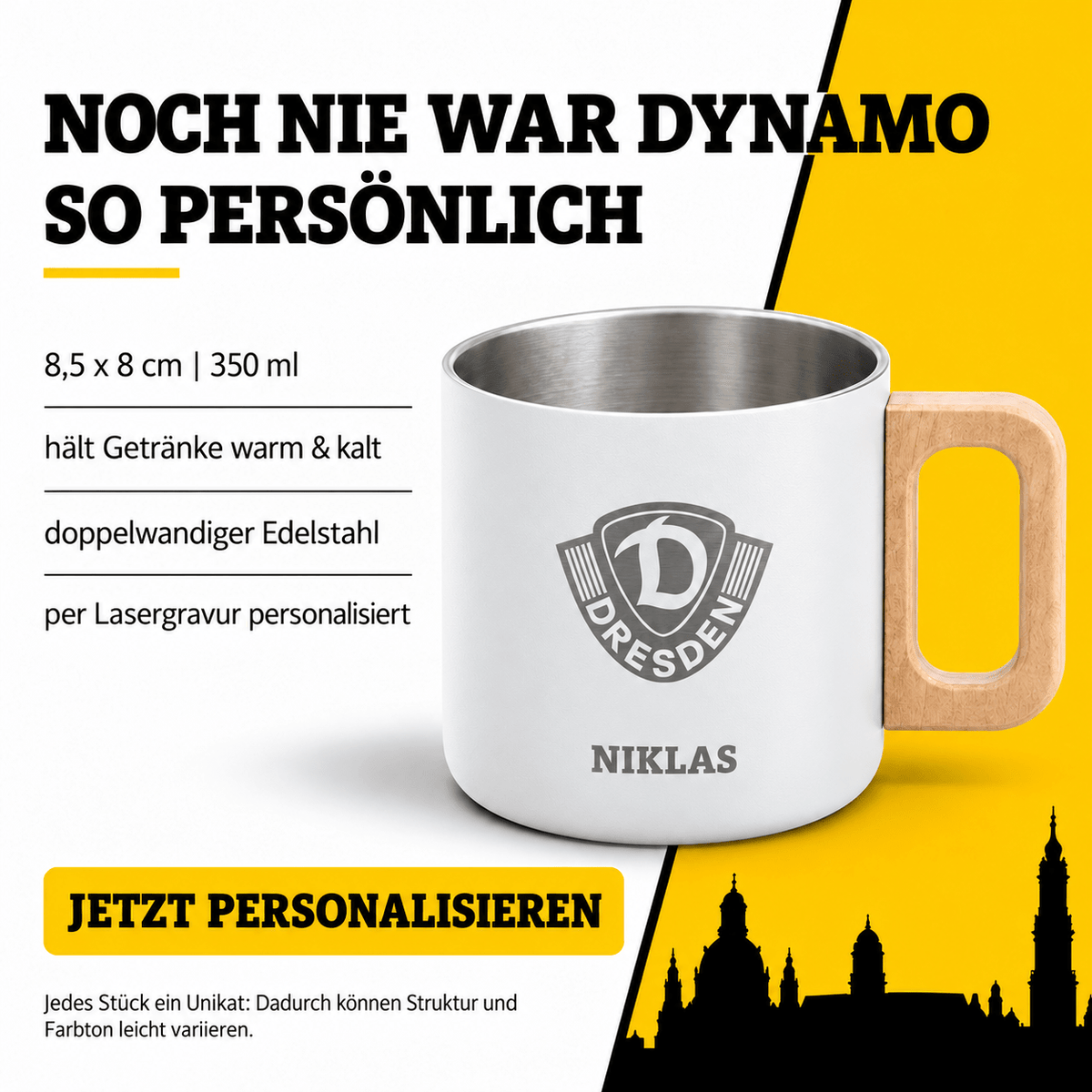 DYNAMO DRESDEN Kaffeetasse Edelstahl weiß Wappen personalisiert - wunderwunsch