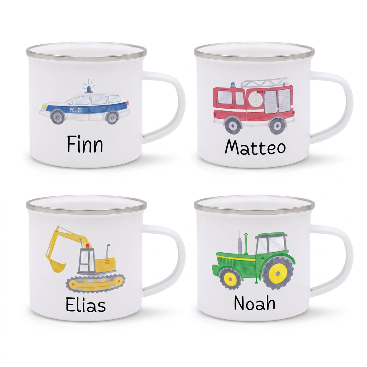 Emaille Kindertasse personalisiert - Fahrzeuge Aquarell - wunderwunsch