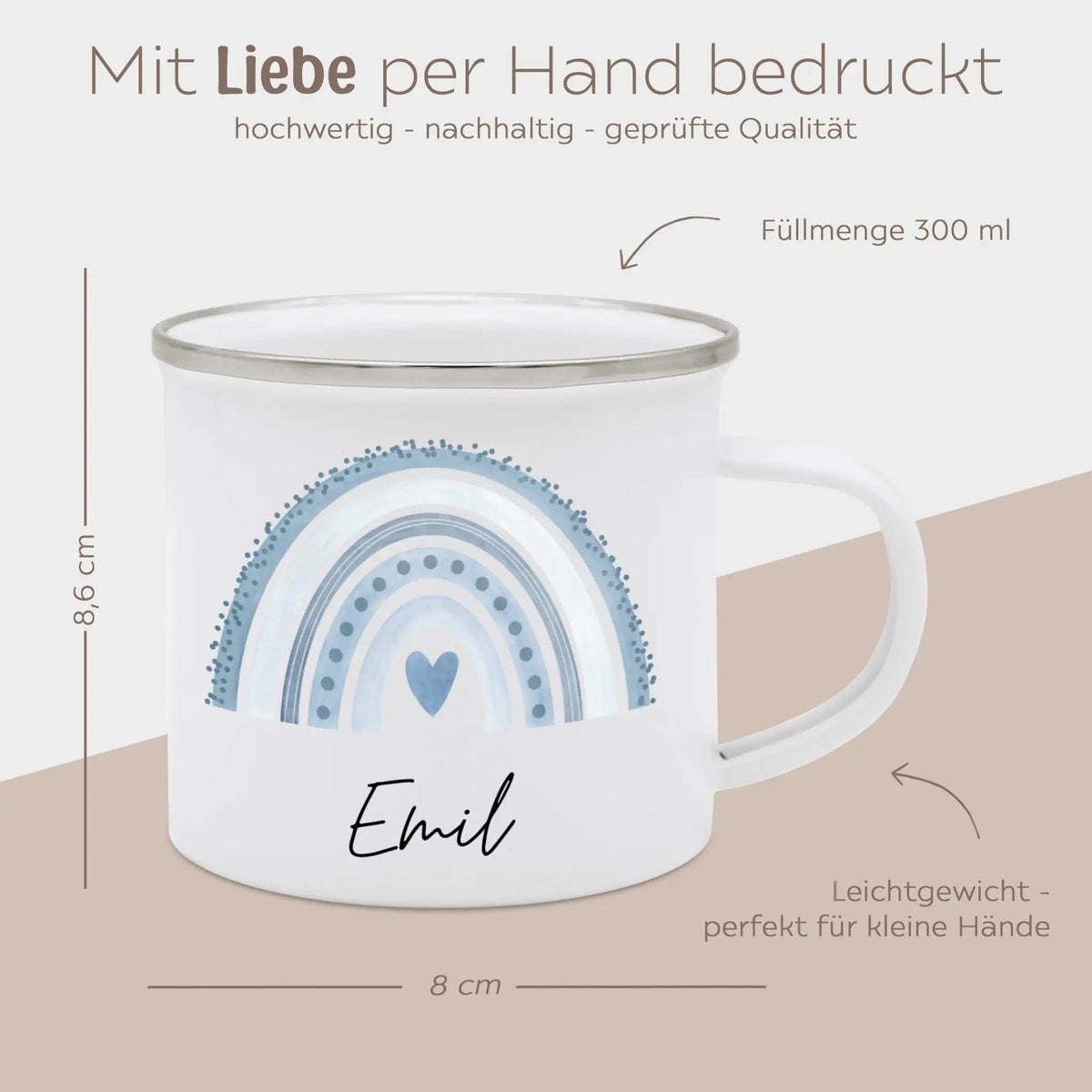 Emaille Kindertasse personalisiert - Regenbogen Punkte Aquarell - wunderwunsch
