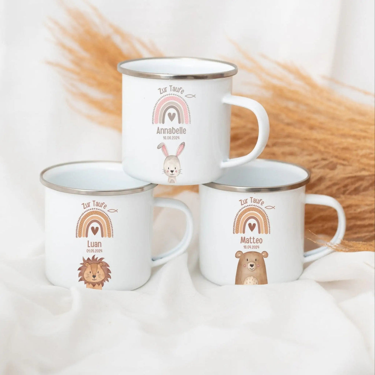 Emaille Kindertasse personalisiert - Taufe Tier Regenbogen - wunderwunsch