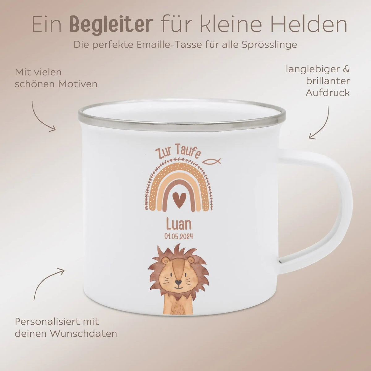 Emaille Kindertasse personalisiert - Taufe Tier Regenbogen - wunderwunsch