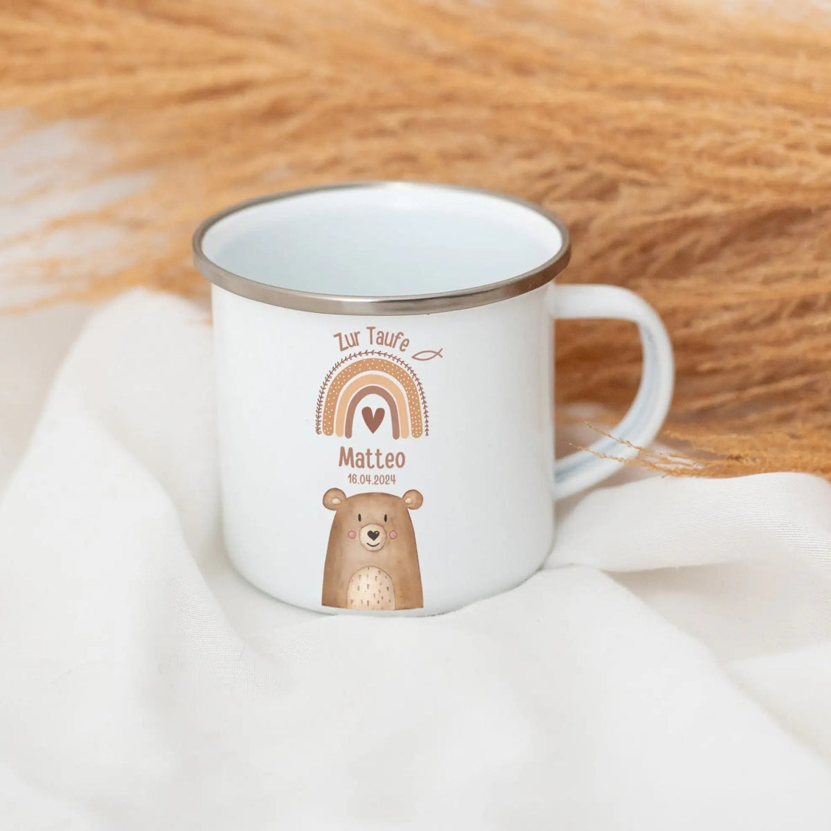 Emaille Kindertasse personalisiert - Taufe Tier Regenbogen - wunderwunsch