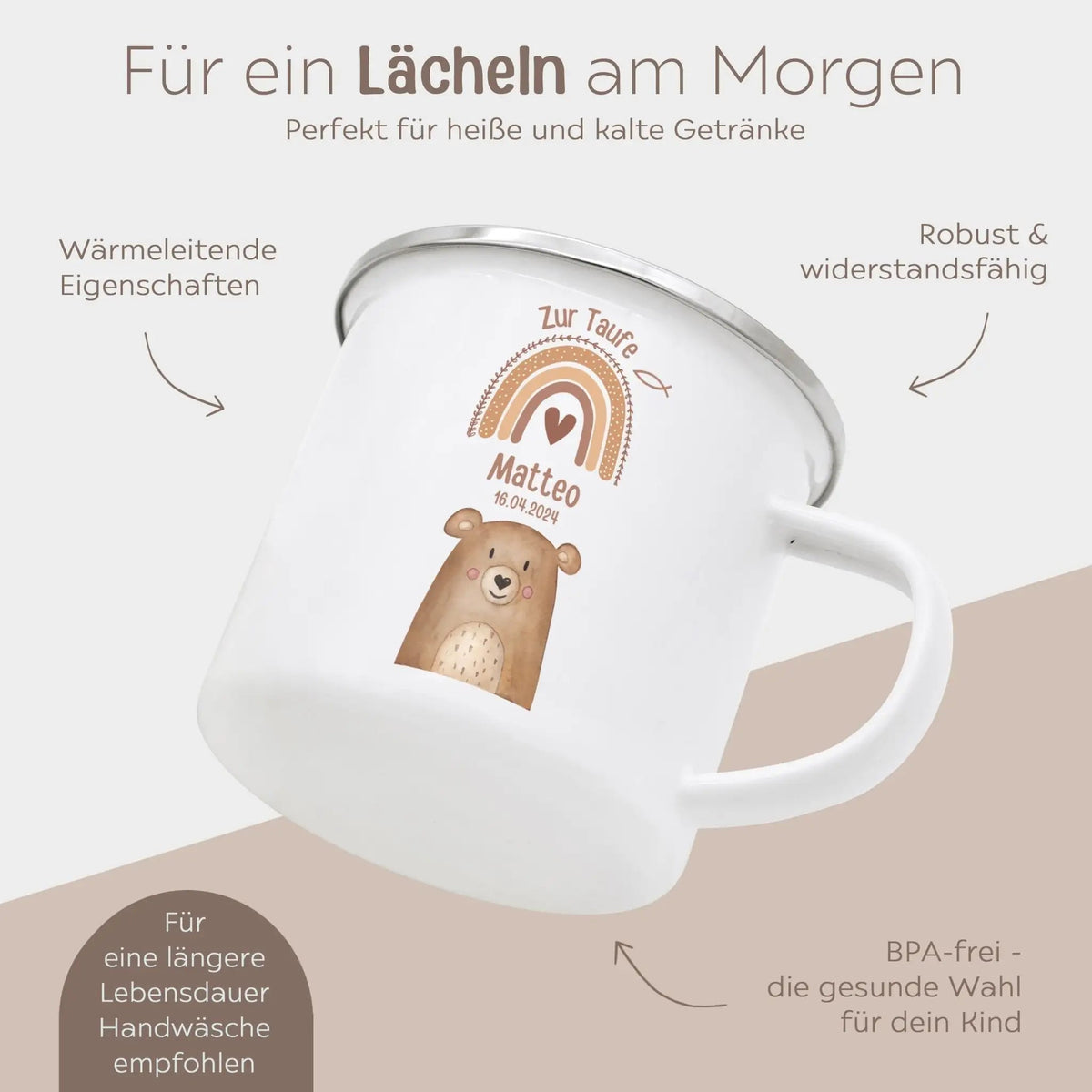 Emaille Kindertasse personalisiert - Taufe Tier Regenbogen - wunderwunsch