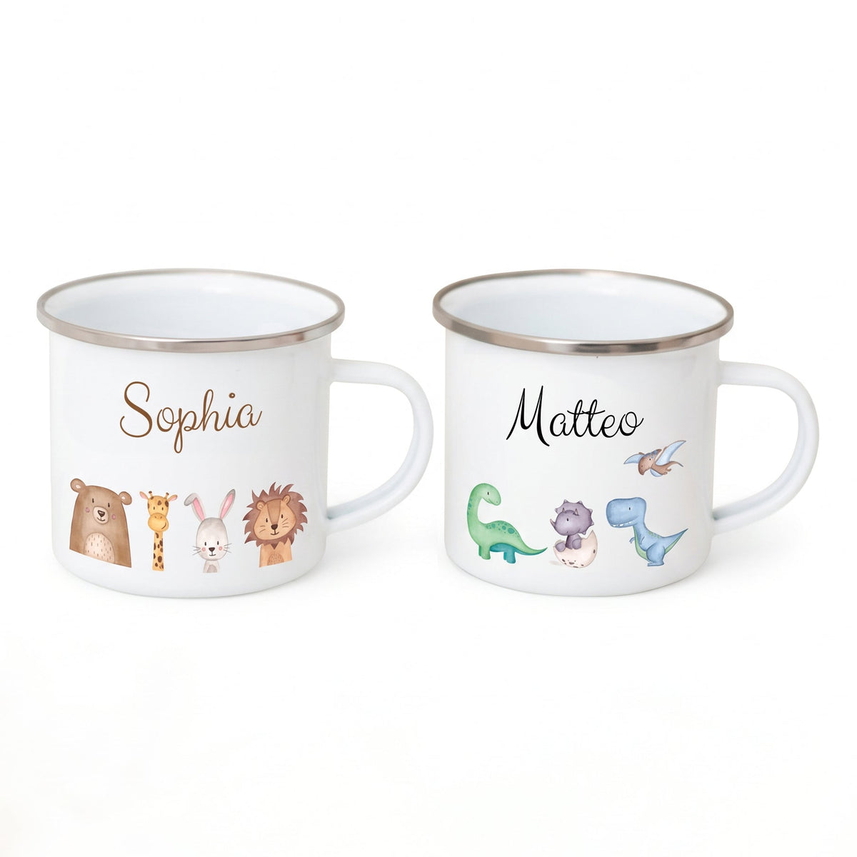 Emaille Kindertasse personalisiert - Tiere oder Dinos unten Aquarell - wunderwunsch
