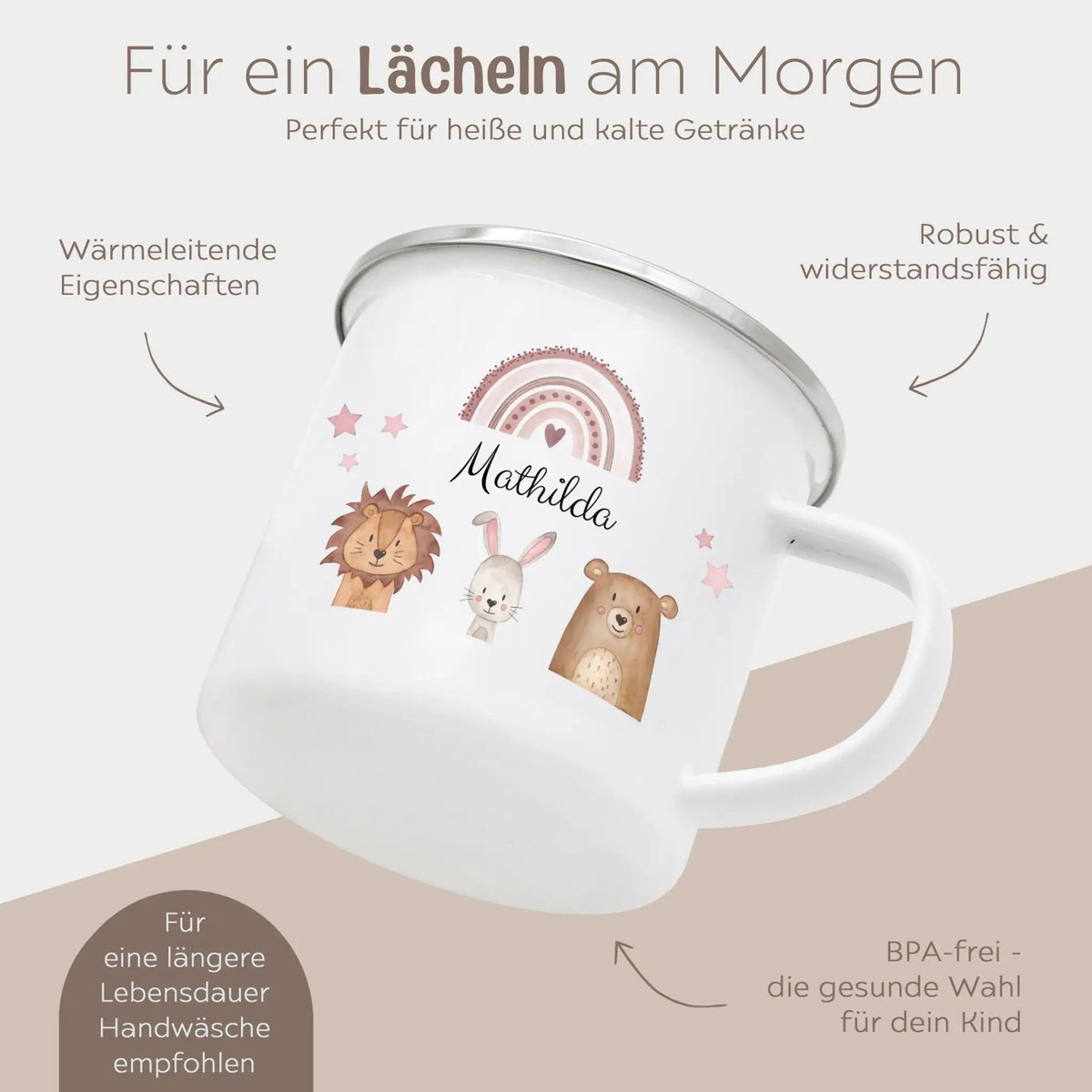 Emaille Kindertasse personalisiert - Tiere Trio Regenbogen Sterne - wunderwunsch