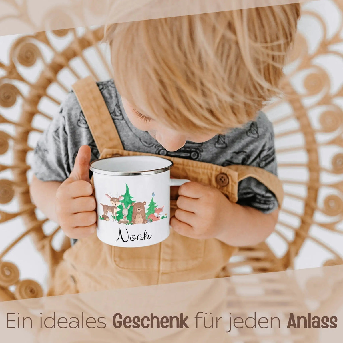 Emaille Kindertasse personalisiert - Waldfreunde Aquarell - wunderwunsch