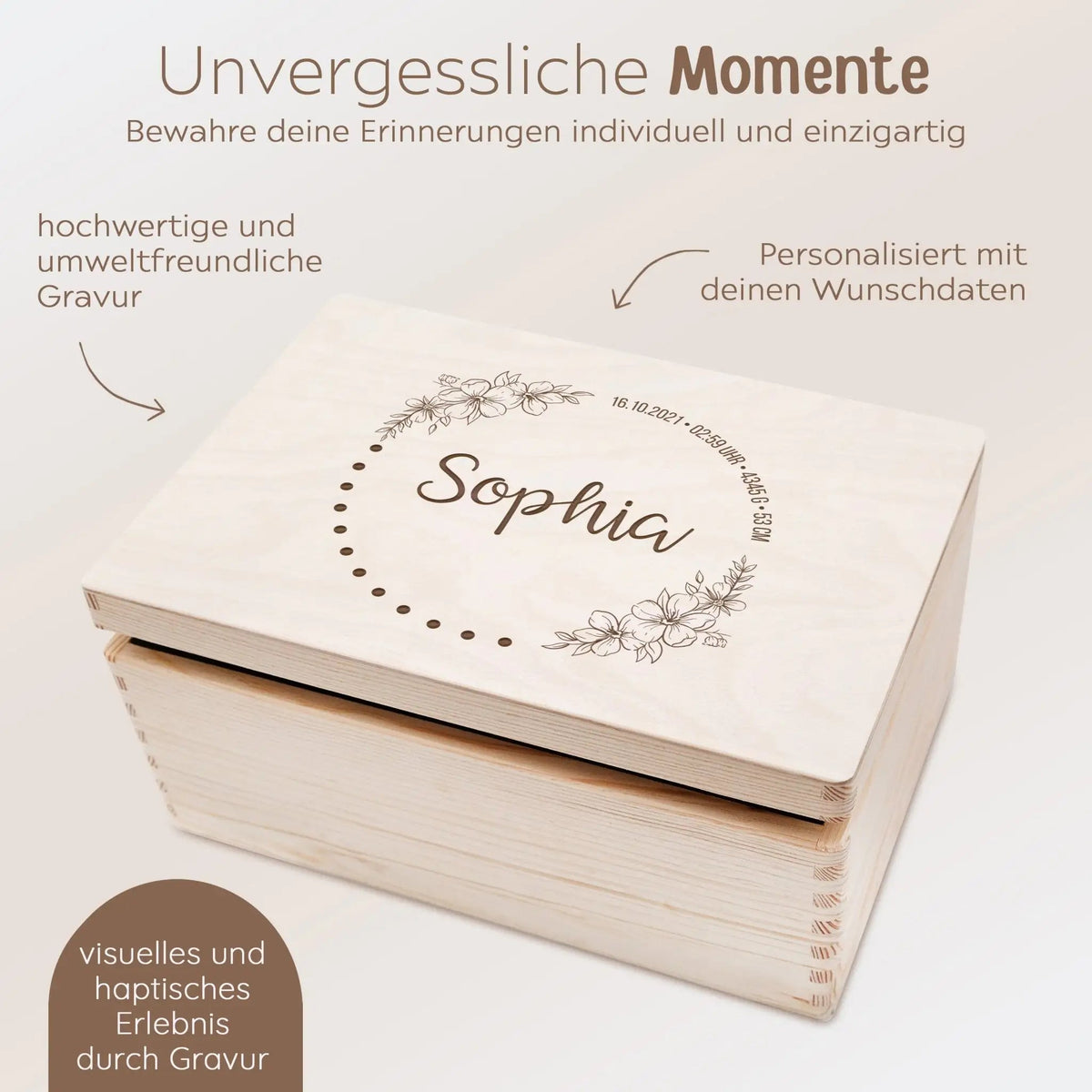 Erinnerungsbox Holz mit Wunschdaten – Blumenkreis - wunderwunsch