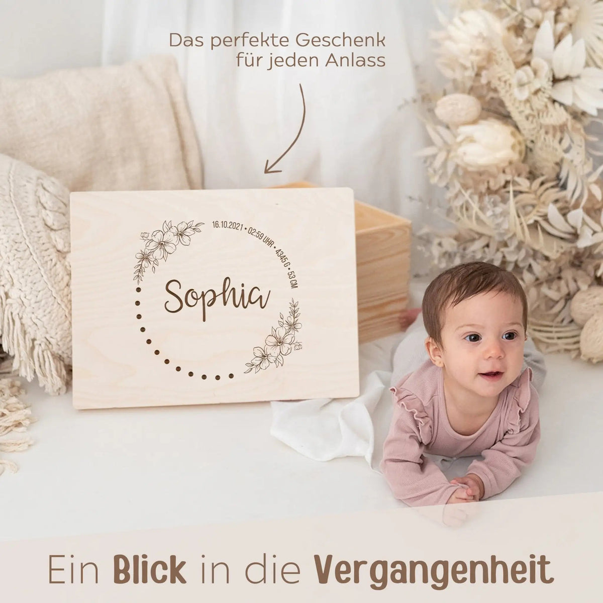 Erinnerungsbox Holz mit Wunschdaten – Blumenkreis - wunderwunsch