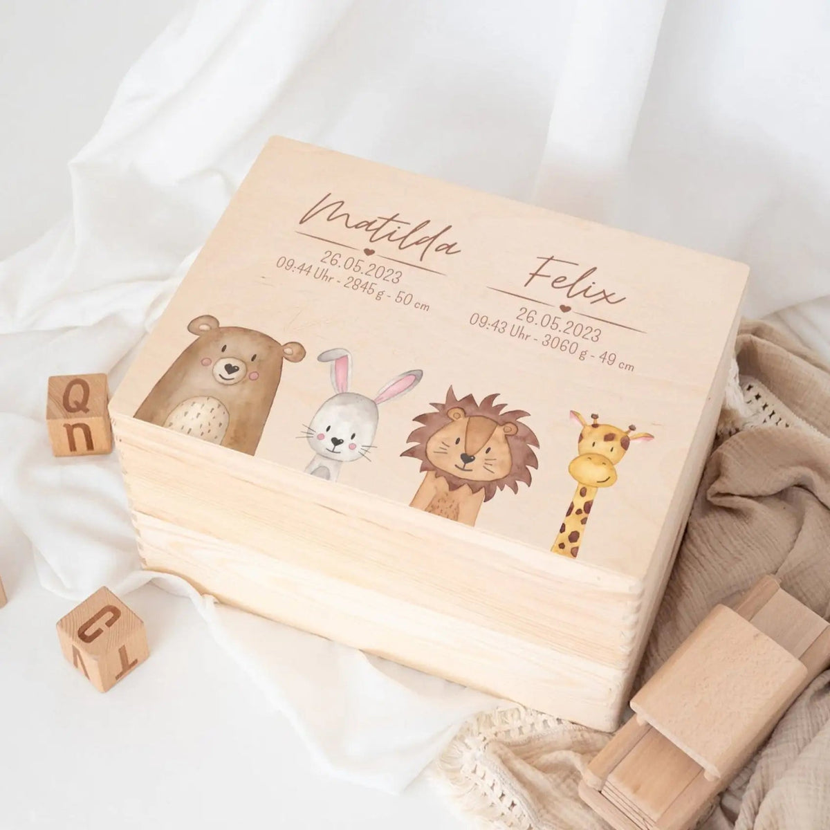 Erinnerungsbox Holz mit Wunschdaten Geschwister – Tiere unten Aquarell - wunderwunsch