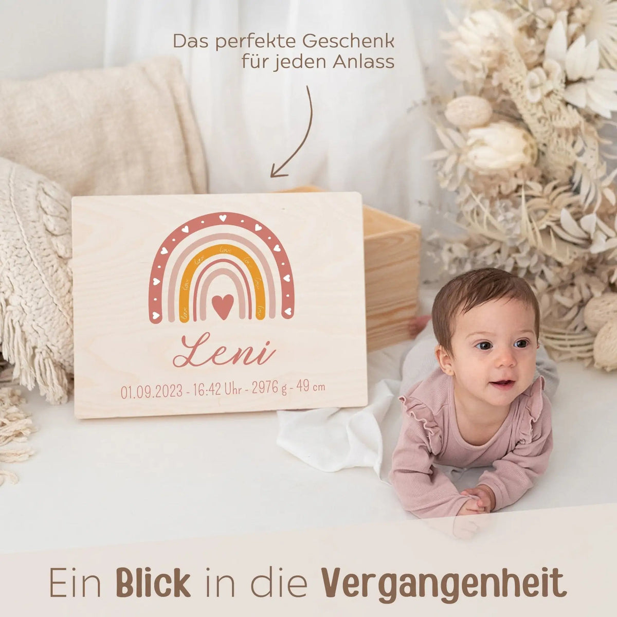 Erinnerungsbox Holz mit Wunschdaten – Regenbogen Boho rosa Aquarell - wunderwunsch