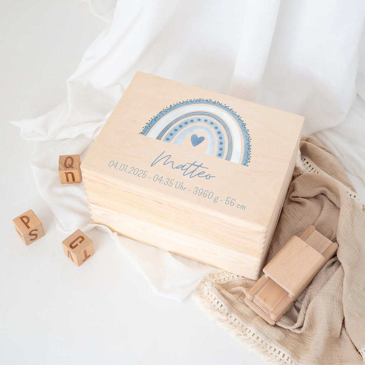 Erinnerungsbox Holz mit Wunschdaten – Regenbogen Punkte Aquarell - wunderwunsch