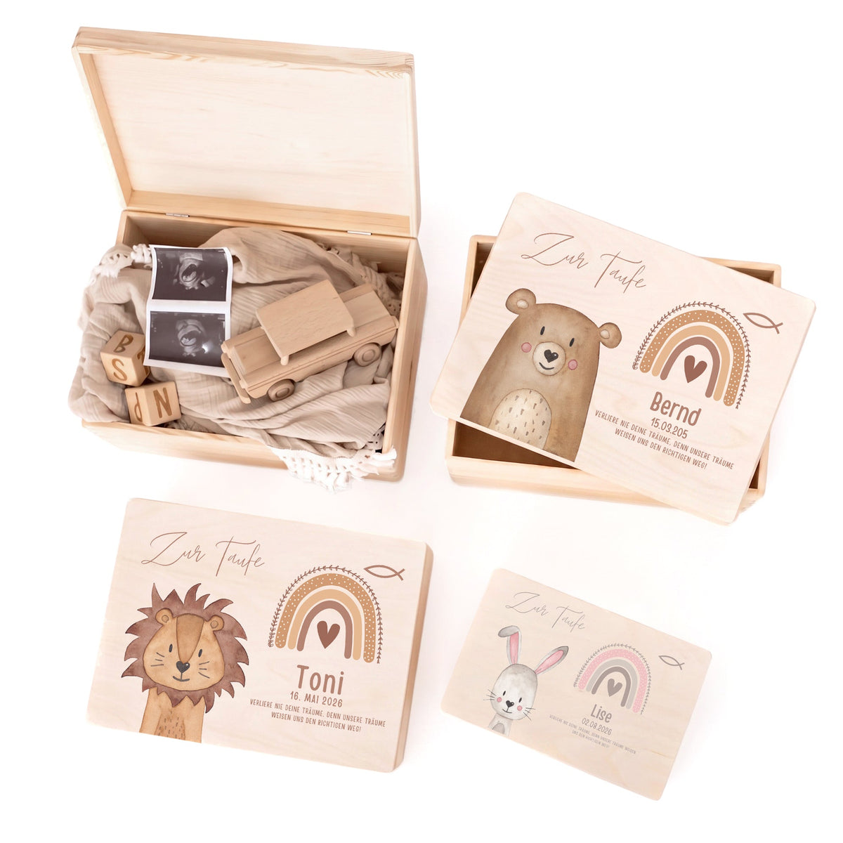 Erinnerungsbox Holz mit Wunschdaten – Taufe Tier Aquarell - wunderwunsch