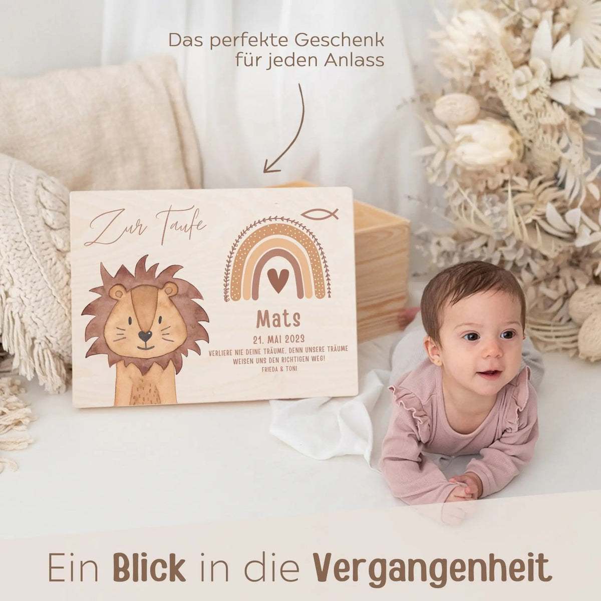 Erinnerungsbox Holz mit Wunschdaten – Taufe Tier Aquarell - wunderwunsch