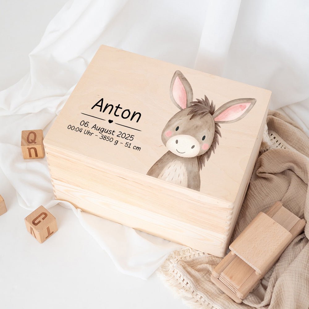 Erinnerungsbox Holz mit Wunschdaten – Tier Aquarell (Druckschrift) - wunderwunsch