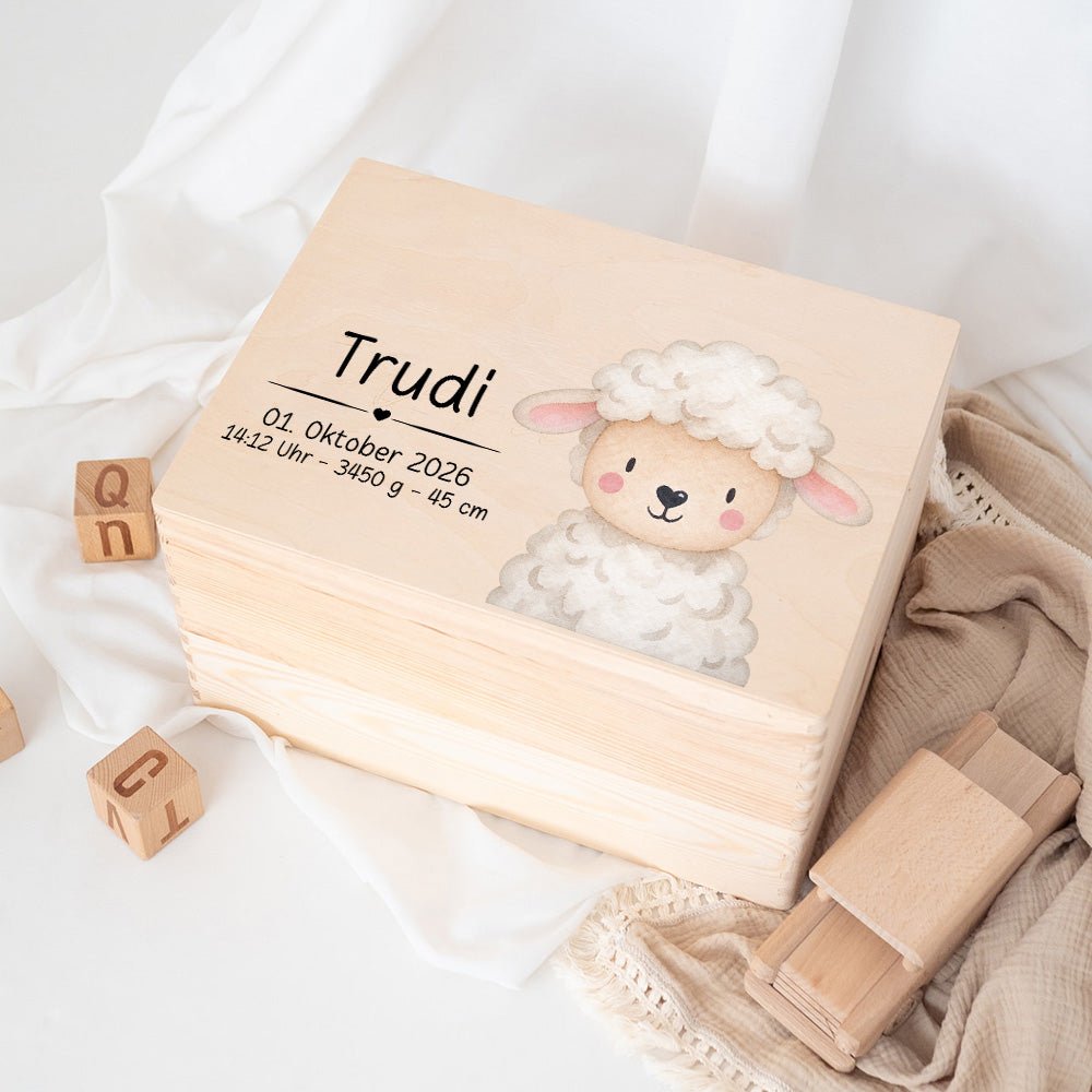 Erinnerungsbox Holz mit Wunschdaten – Tier Aquarell (Druckschrift) - wunderwunsch