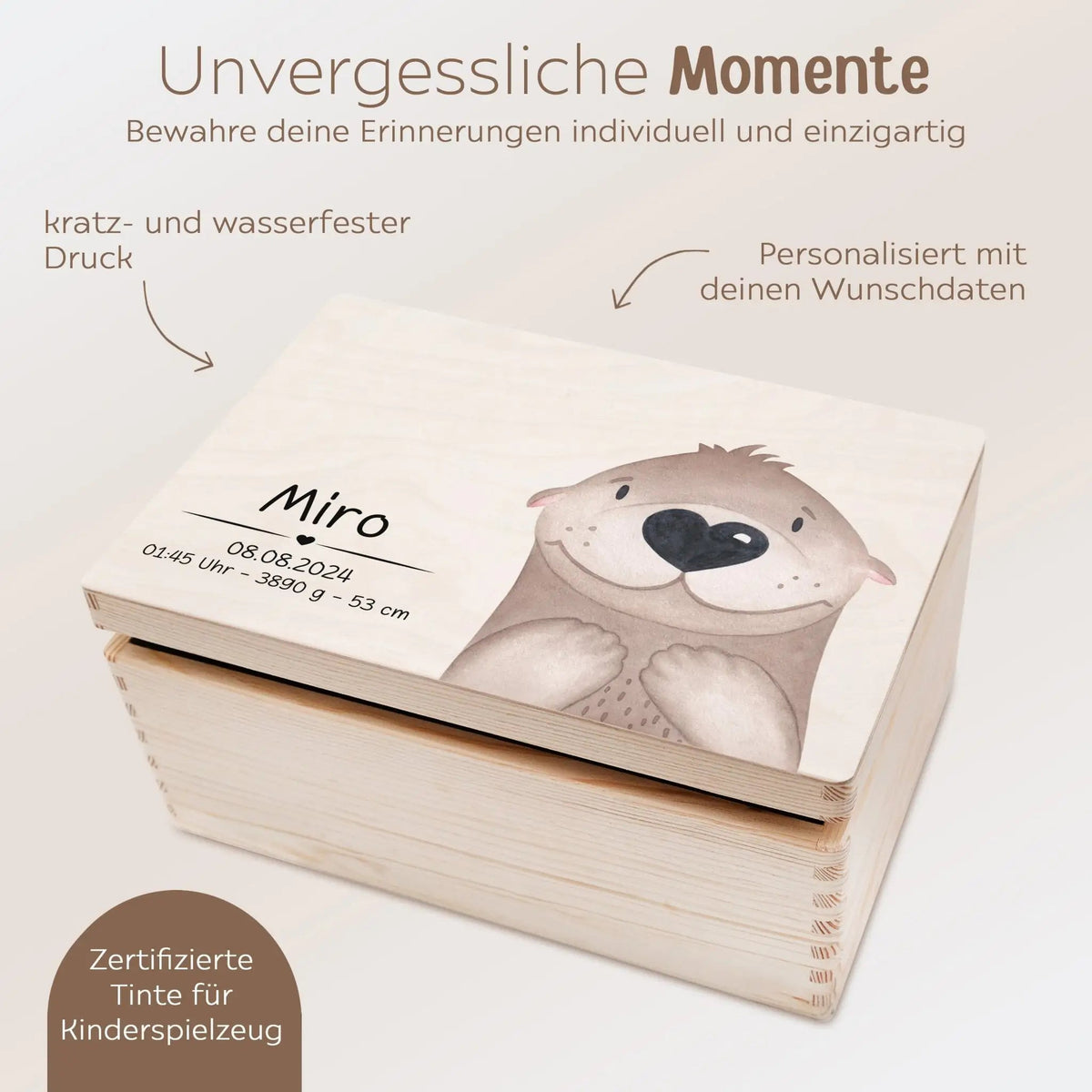 Erinnerungsbox Holz mit Wunschdaten – Tier Aquarell (Druckschrift) - wunderwunsch