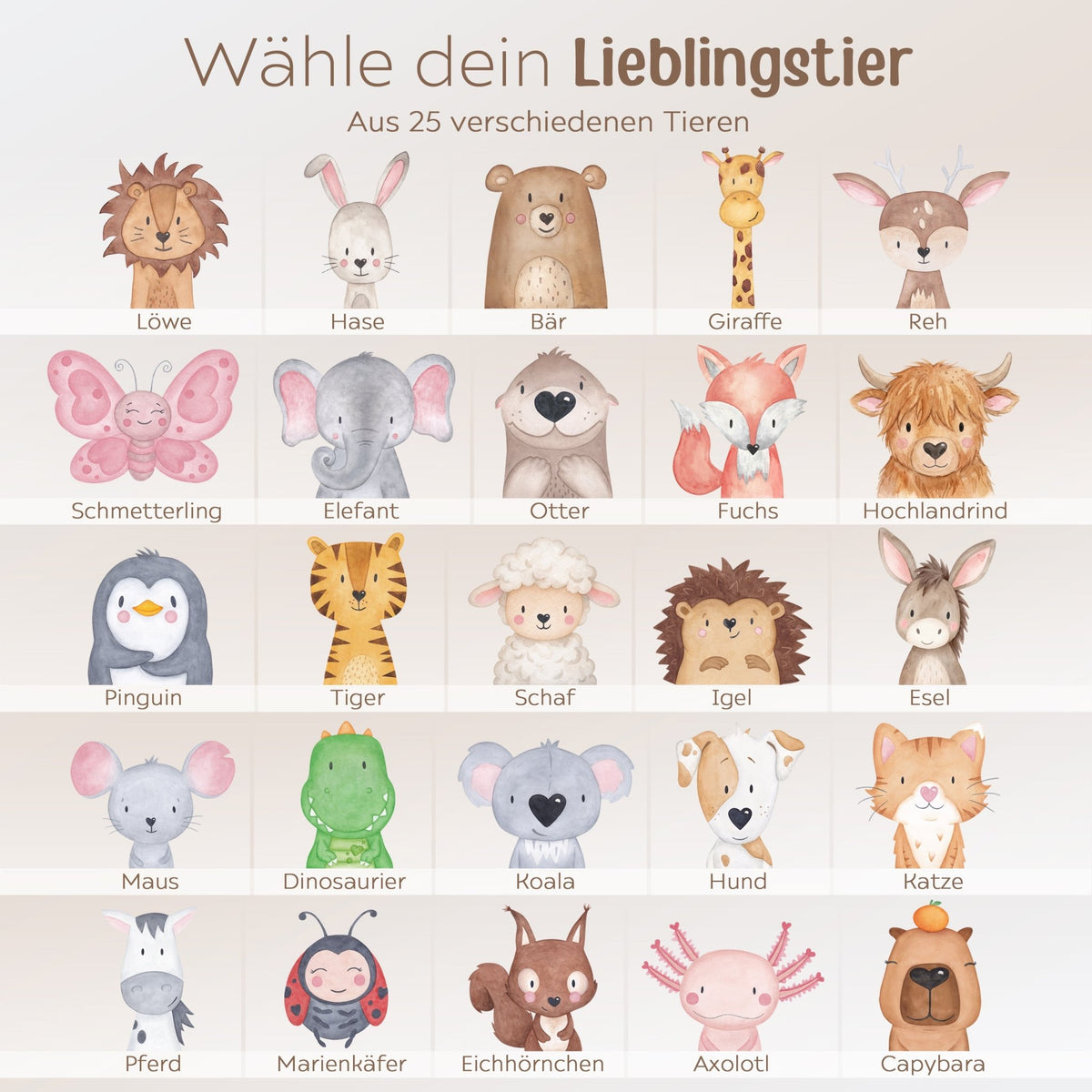 Erinnerungsbox Holz mit Wunschdaten – Tier Aquarell (Druckschrift) - wunderwunsch