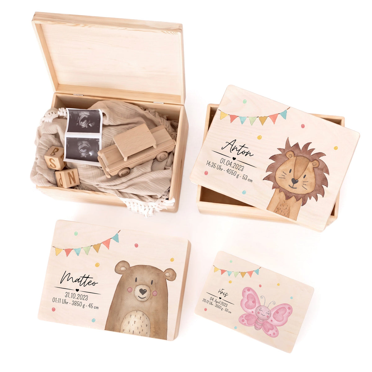 Erinnerungsbox Holz mit Wunschdaten – Tier Girlande Aquarell - wunderwunsch