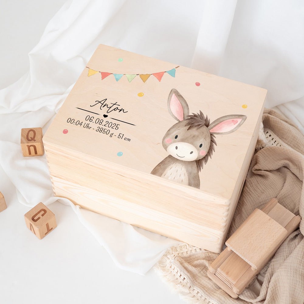 Erinnerungsbox Holz mit Wunschdaten – Tier Girlande Aquarell - wunderwunsch