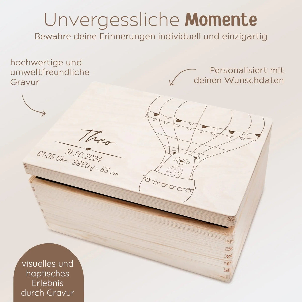 Erinnerungsbox Holz mit Wunschdaten – Tier Heißluftballon Gravur - wunderwunsch