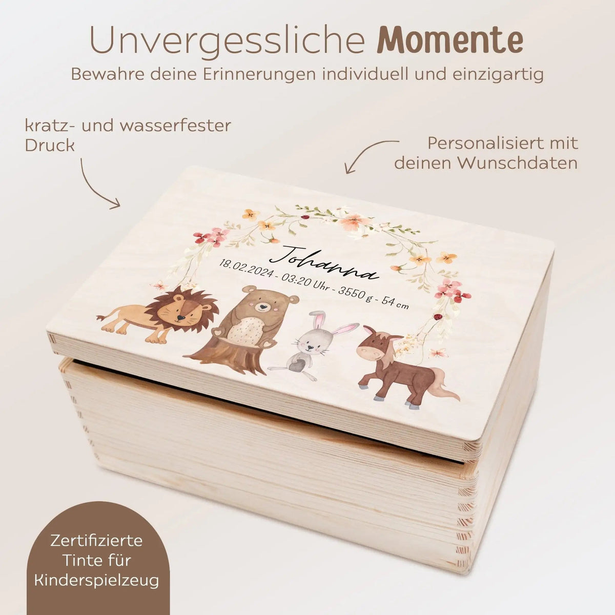 Erinnerungsbox Holz mit Wunschdaten – Tiere Blumenkreis rosa Aquarell - wunderwunsch