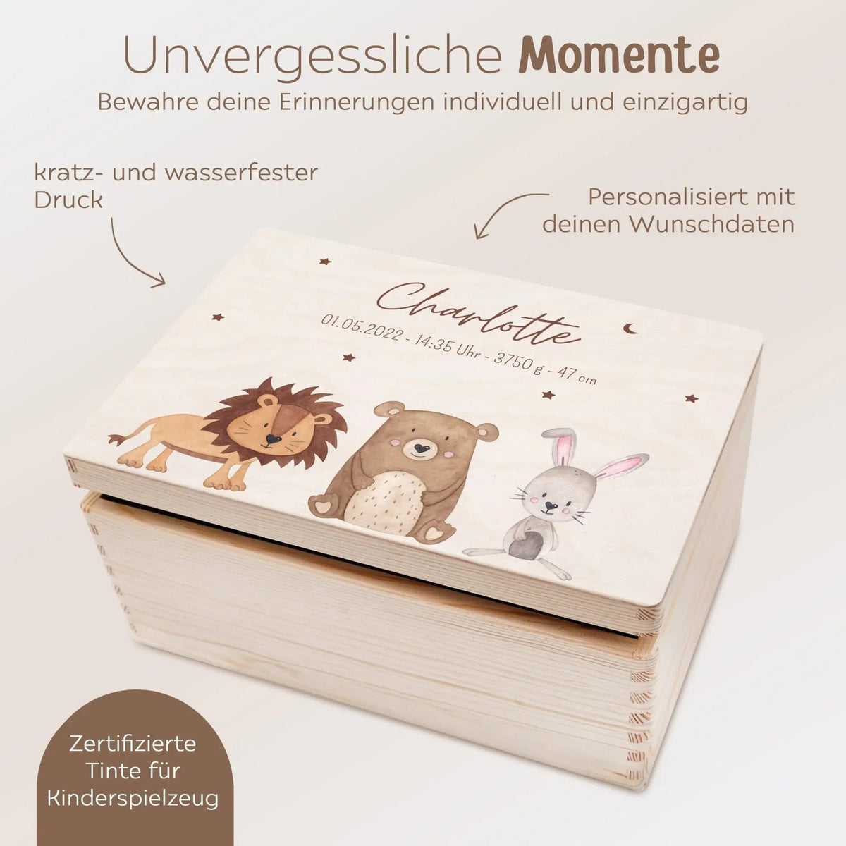 Erinnerungsbox Holz mit Wunschdaten – Tiere Sternenhimmel Aquarell - wunderwunsch