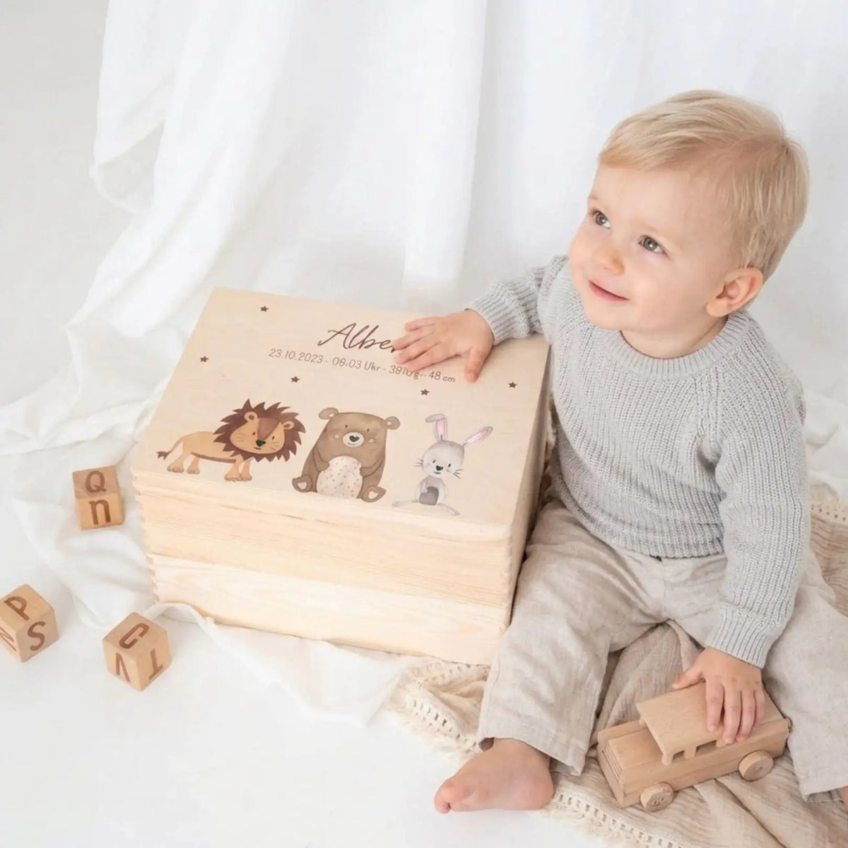 Erinnerungsbox Holz mit Wunschdaten – Tiere Sternenhimmel Aquarell - wunderwunsch