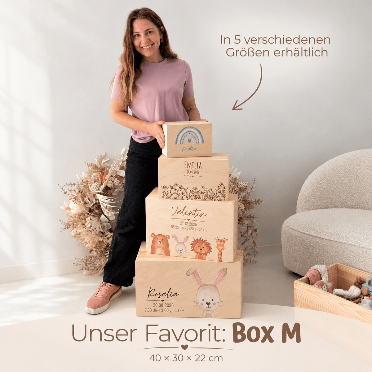 Erinnerungsbox Holz mit Wunschdaten – Tiere unten Aquarell - wunderwunsch