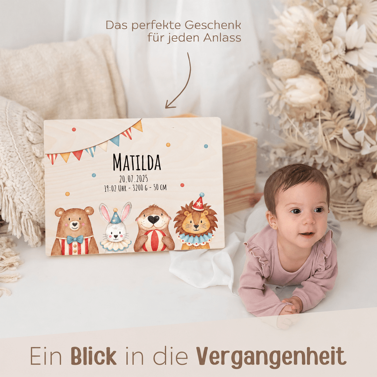 Erinnerungsbox Holz mit Wunschdaten – Zirkustiere unten Girlande Aquarell - wunderwunsch