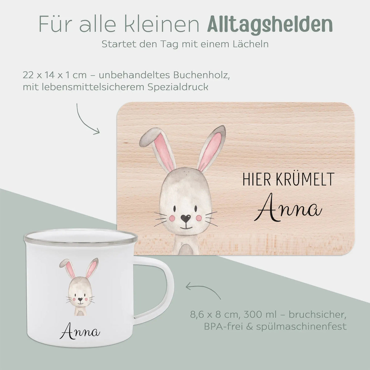 Frühstücks Bundle - Frühstücksbrettchen + Emaille Tasse personalisiert - Tier Aquarell - wunderwunsch