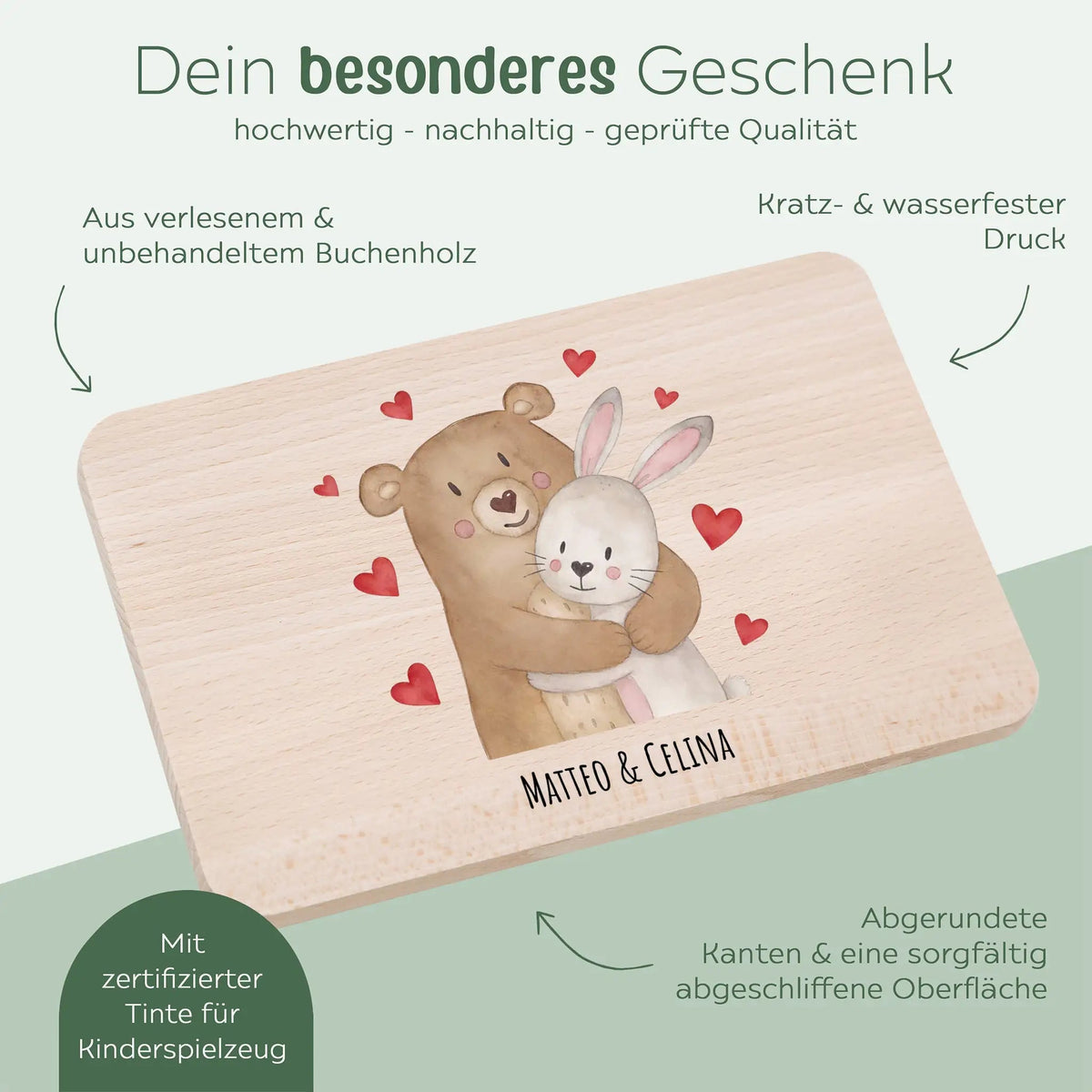 Frühstücksbrettchen personalisiert - Bär umarmt Hase - wunderwunsch
