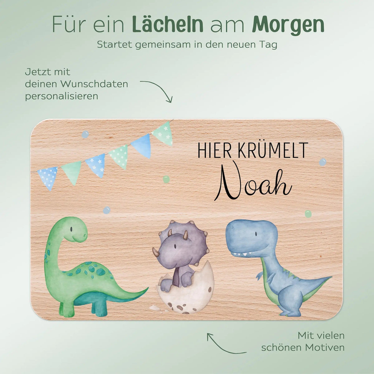 Frühstücksbrettchen personalisiert - Dinosaurier blaue Girlande Aquarell - wunderwunsch